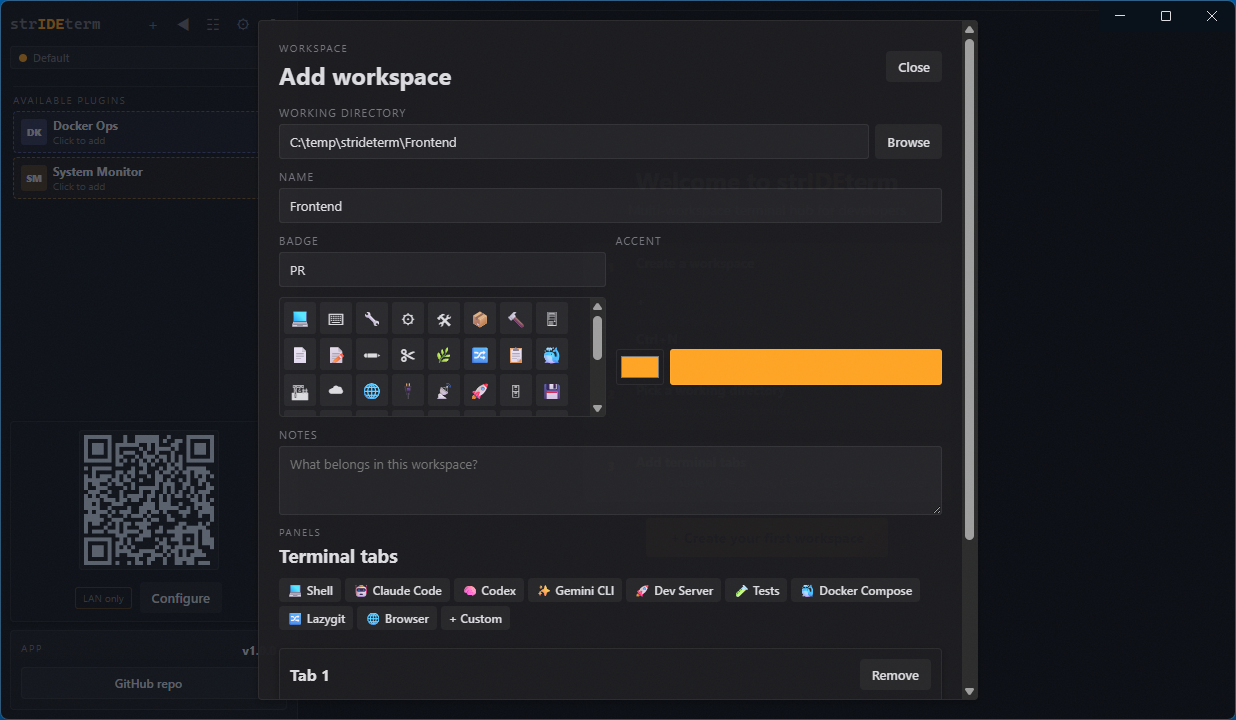 strIDEterm Add Workspace dialog with badge, accent colour, and Terminal tabs picker — Shell, Claude Code, Codex, Gemini CLI, Dev Server, Tests, Docker Compose, Lazygit, Browser, and Custom presets