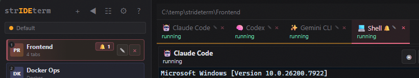 Workspace tabs showing live status badges and notification counts on Claude Code, Codex, Gemini CLI, and Shell tabs