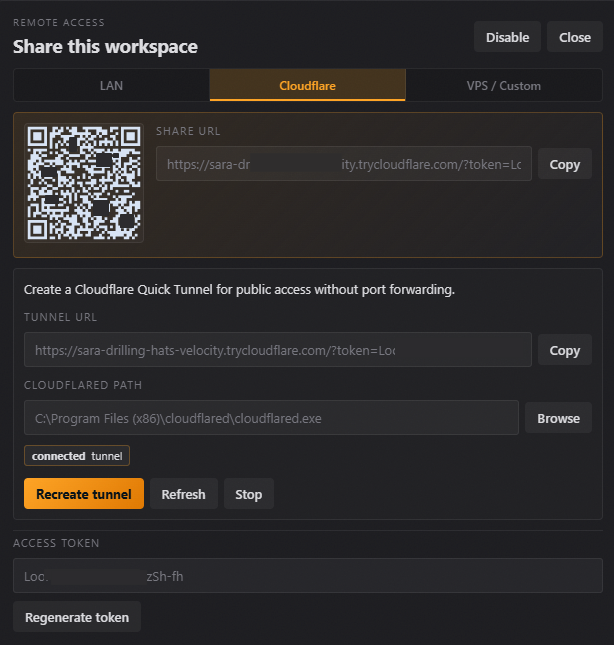 strIDEterm Share workspace dialog with Cloudflare Quick Tunnel URL, QR code, and access token controls