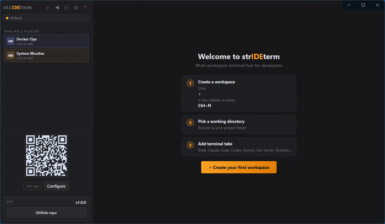 strIDEterm welcome screen with Create a workspace, Pick a working directory, Add terminal tabs, and Create your first workspace flow